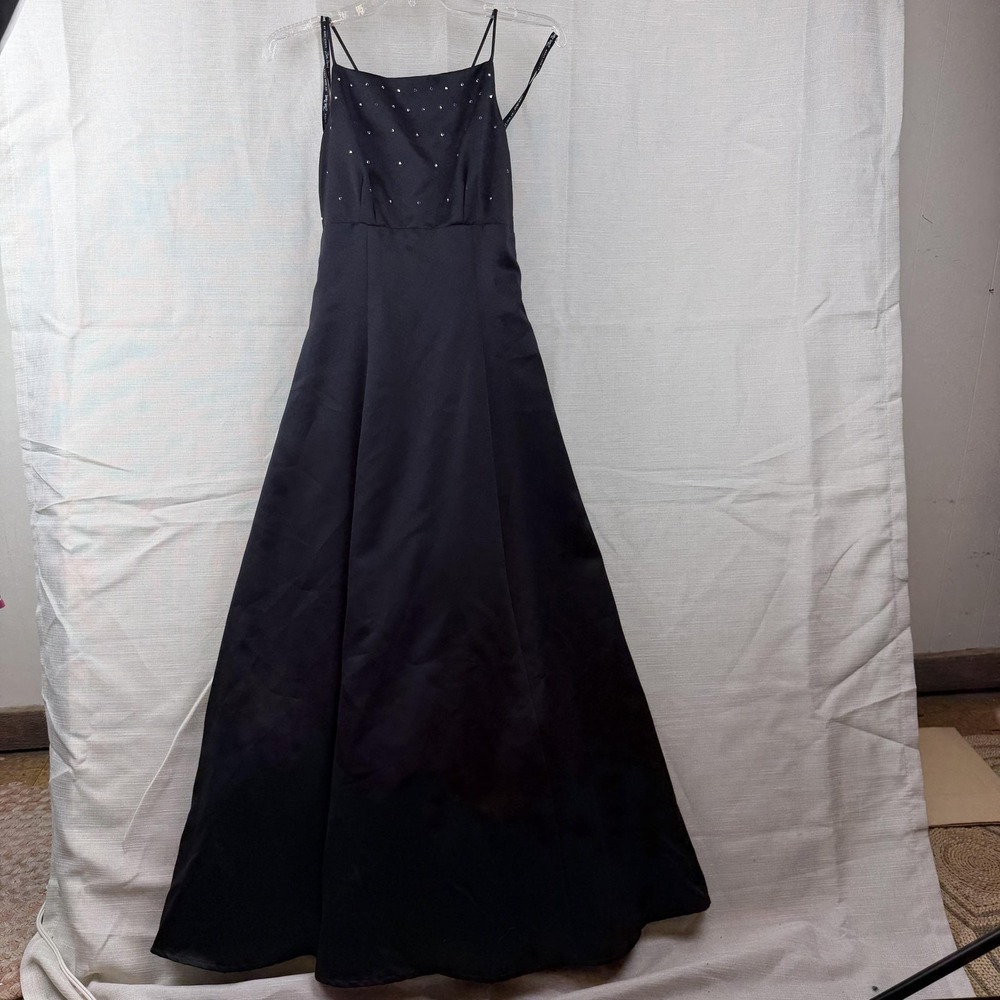 Zum Zum By Niki Livas Dress VTG Y2K 3-4 Black Rhinestone Satin Maxi Formal